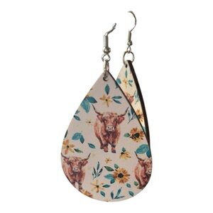 Highland Cow Wooden Floral Print Teardrop Earrings